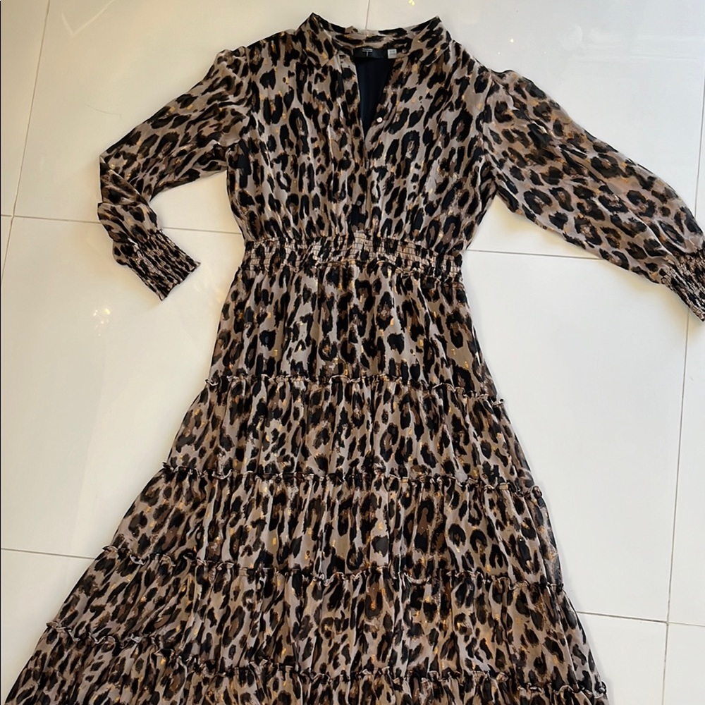 T Tahari Collared Tiered Midi Dress Animal Print Long Sleeve - Picture 2 of 14